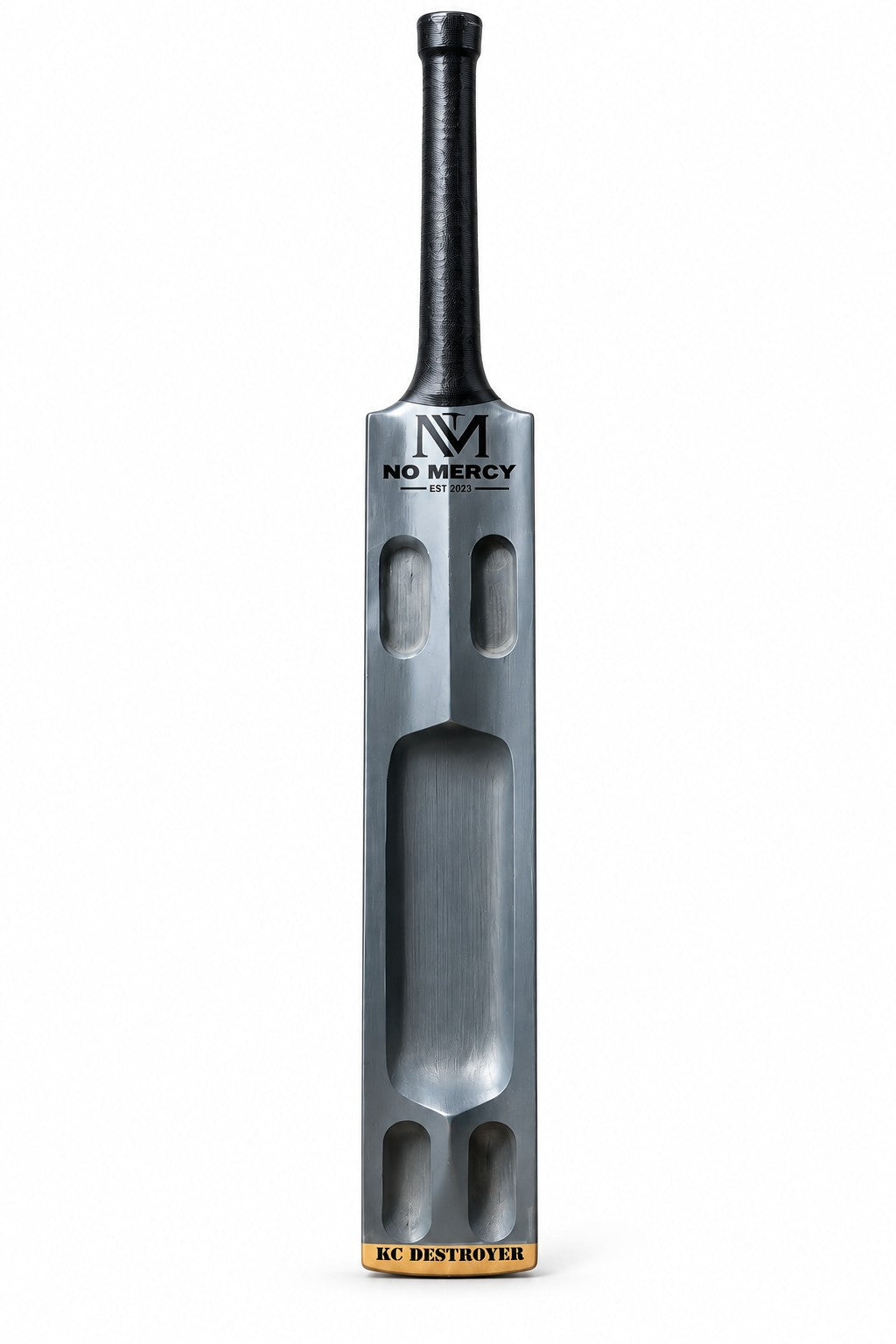 No Mercy KC Destroyer silver scoop cricket bat with black handle and gold-toned toe detail