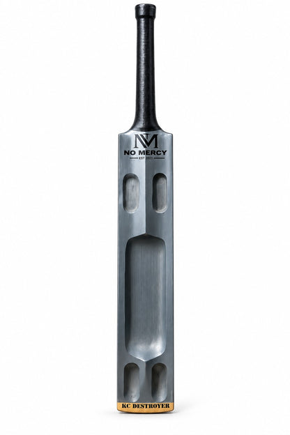 No Mercy KC Destroyer silver scoop cricket bat with black handle and gold-toned toe detail