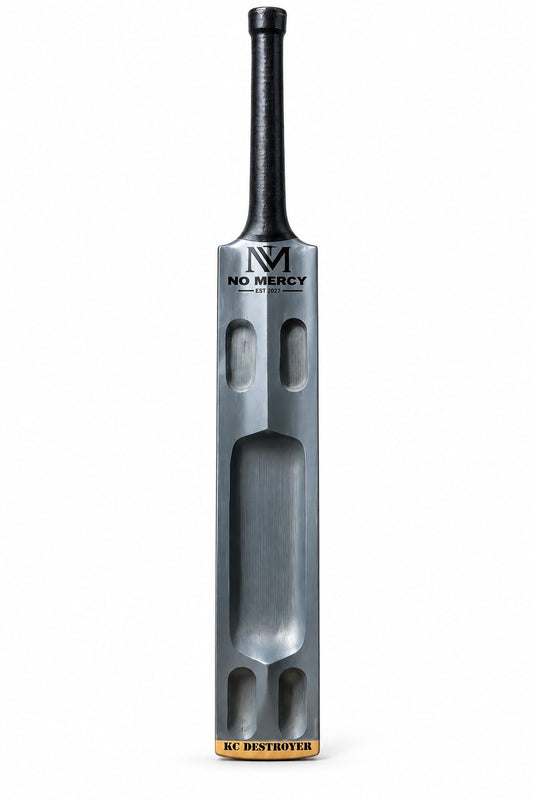 No Mercy KC Destroyer silver scoop cricket bat with black handle and gold-toned toe detail