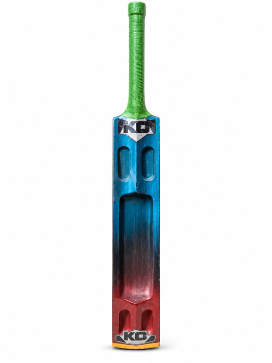 KC blue and red scoop cricket bat with green handle