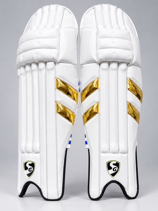 SG cricket leg guards white batting pads with gold detailing