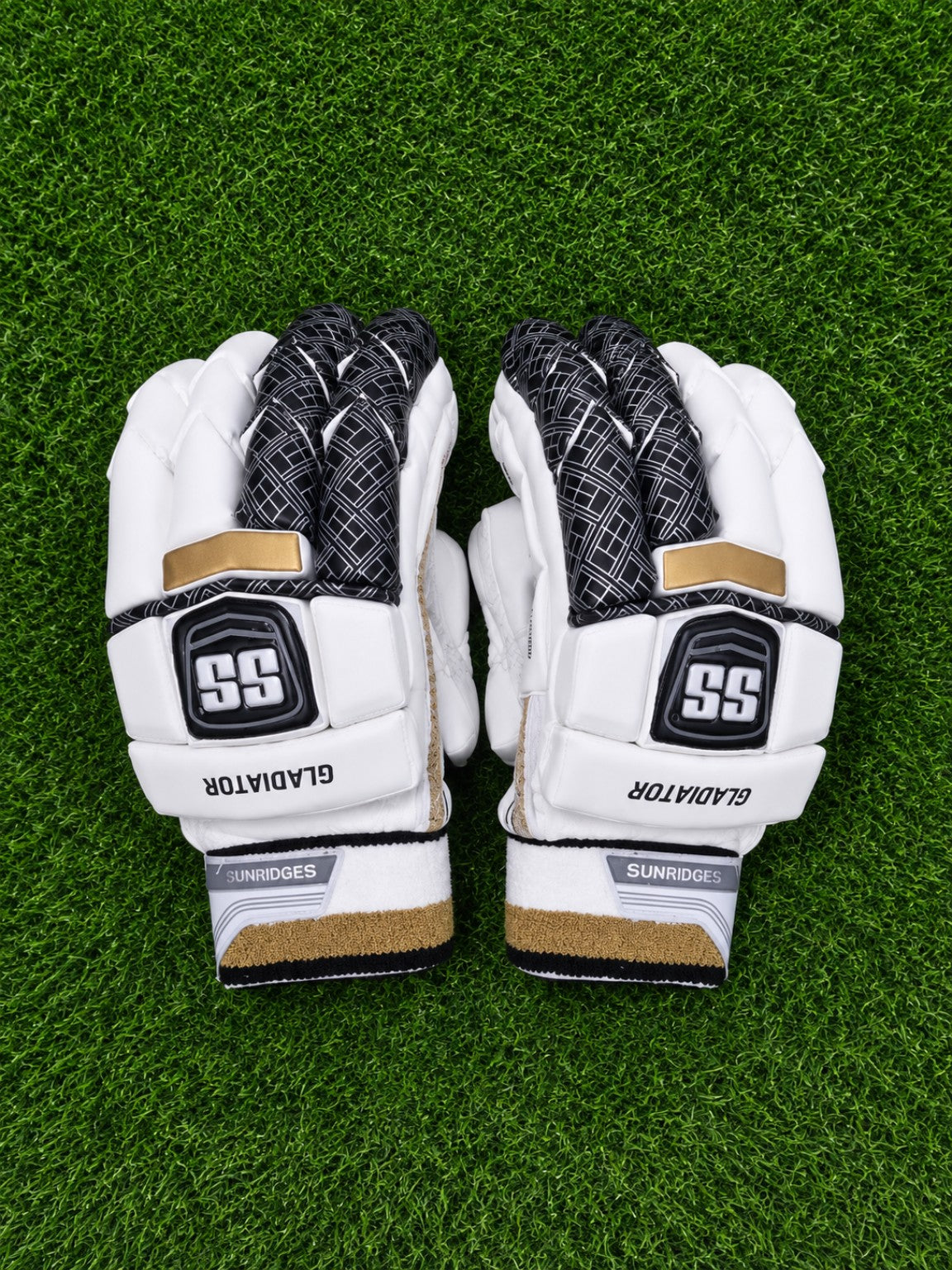 SS Gladiator cricket batting gloves white black gold